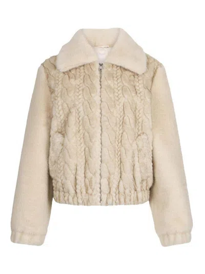 Liu •jo Plush Teddy Fabric Bomber Jacket With Braided Detailing In Neutral