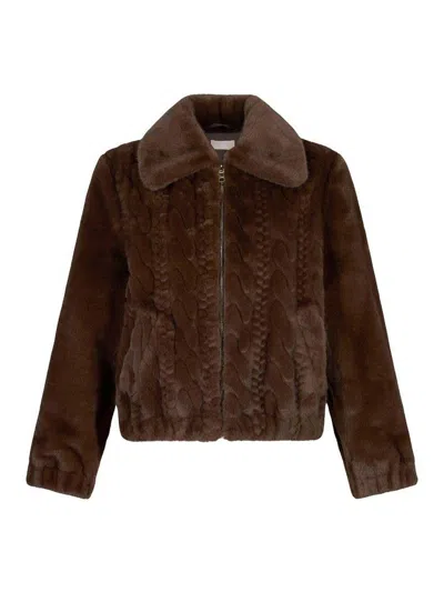 Liu •jo Teddy Bomber Jacket With Cable Knit Detailing In Brown