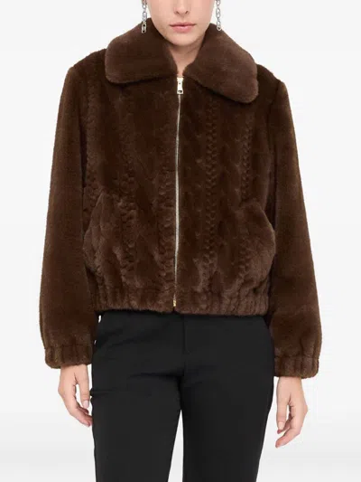Liu •jo Teddy Bomber Jacket With Cable Knit Detailing In Brown