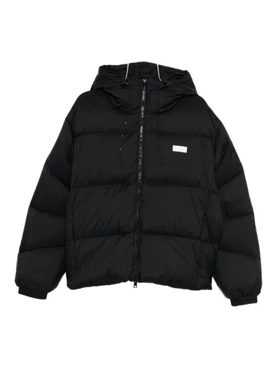 Msgm Short Black Down Jacket With White Label And Zip  In Black