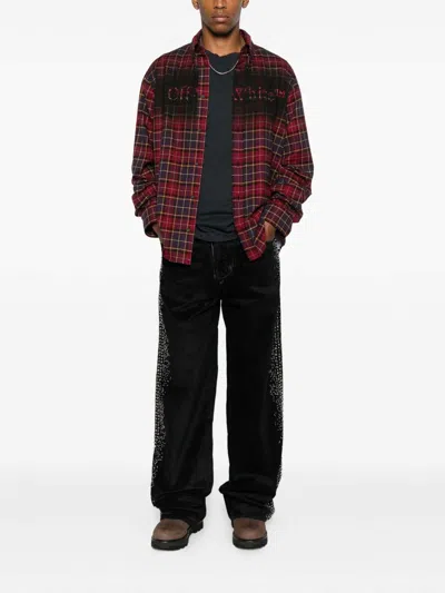 Off-white Bordeaux Shirt With Maxi Logo Lettering On The Front And All-over Check Motif In Wool Man In Brown