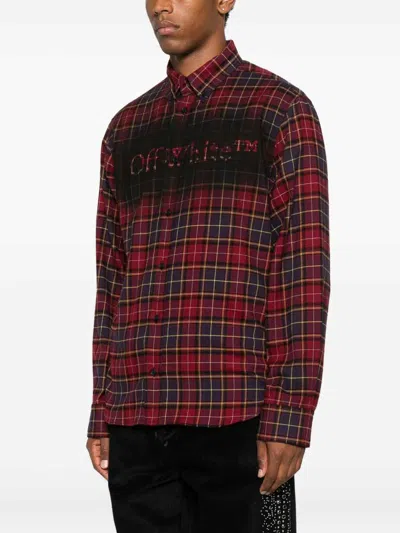 Off-white Bordeaux Shirt With Maxi Logo Lettering On The Front And All-over Check Motif In Wool Man In Brown