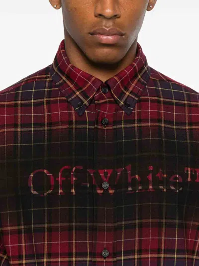 Off-white Bordeaux Shirt With Maxi Logo Lettering On The Front And All-over Check Motif In Wool Man In Brown