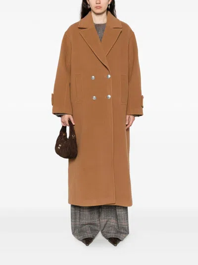 Pinko Long Double-breasted Wool-blend Cloth Coat In Brown