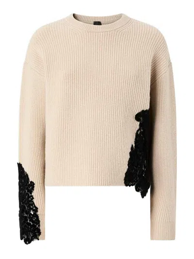Pinko Beige Crewneck Sweater With Lace Embroidery And Logo Patch On The Rear In Wool Blend Woman In Neutral