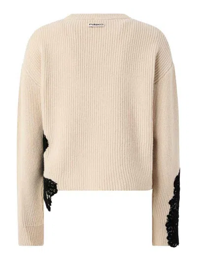 Pinko Beige Crewneck Sweater With Lace Embroidery And Logo Patch On The Rear In Wool Blend Woman In Neutral