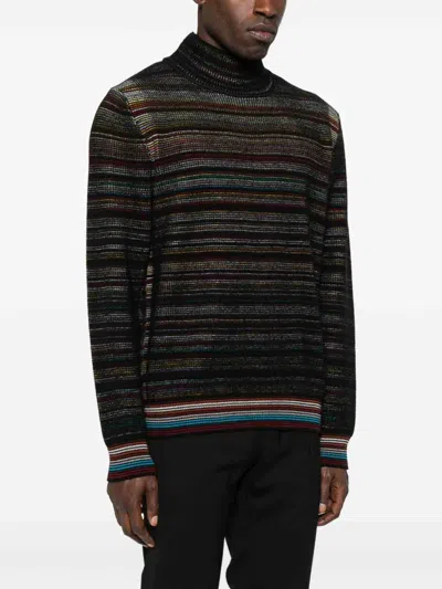 Paul Smith Signature Stripe Waffle Roll Neck Jumper In Black