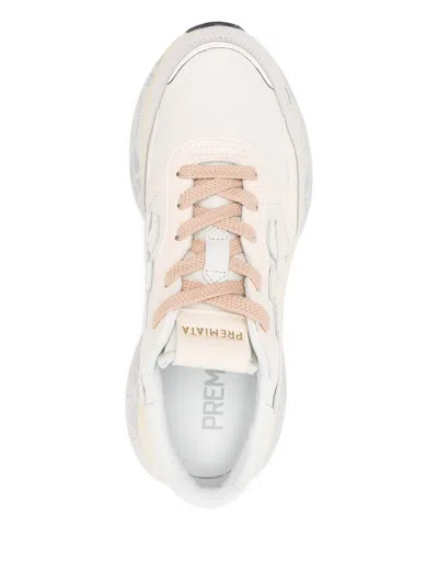 Premiata Light Beige Calf Leather Low-top Sneakers With Metallic Accents In Multi