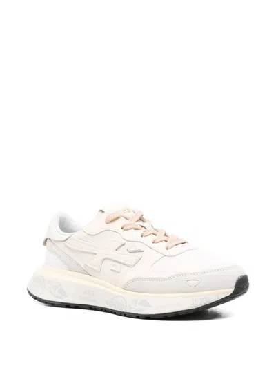 Premiata Light Beige Calf Leather Low-top Sneakers With Metallic Accents In Multi