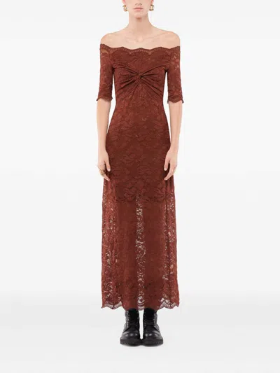 Rabanne Off-the-shoulder Brown Midi Dress With Twisted Knot Detail In Brown