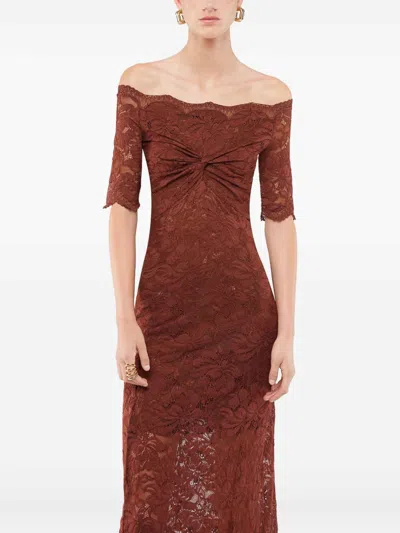 Rabanne Off-the-shoulder Brown Midi Dress With Twisted Knot Detail In Brown