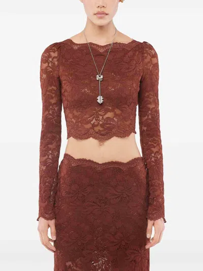 Rabanne Floral Lace Long Sleeve Cropped Top In Multi