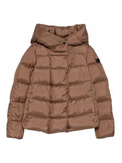 Peuterey Cropped Brown Quilted Coat With High Collar And Spacious Hood In Brown