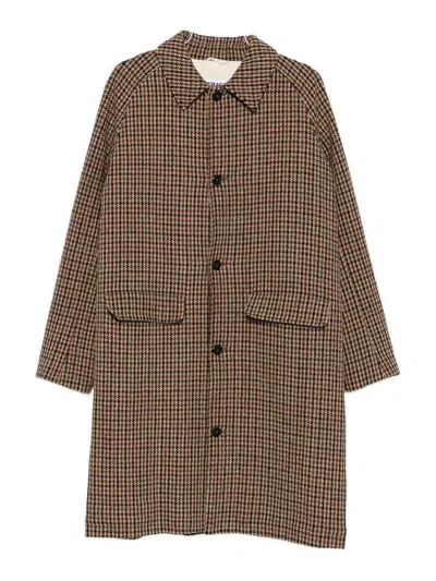 Sebago Mid-length Houndstooth Coat With Textured Cotton Fabric In Brown