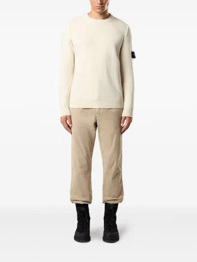 Stone Island Ivory Ribbed Knit Sweater With Crew Neckline In Multi
