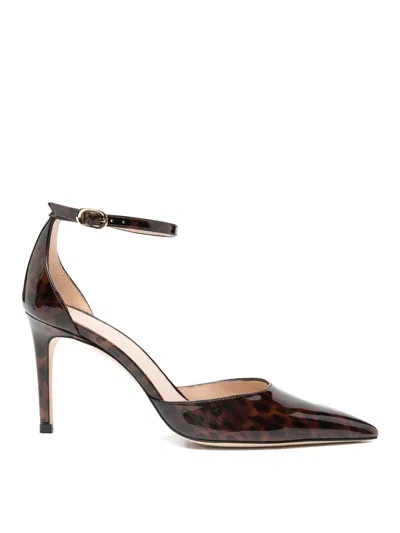 Stuart Weitzman Stuart Power Strap 85 Leopard-print Patent Leather Pumps In Brown