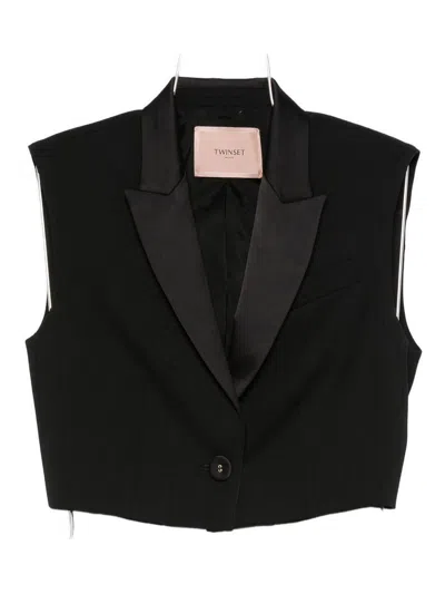 Twinset Cropped Tailored Jacket With Satin Lapels In Black