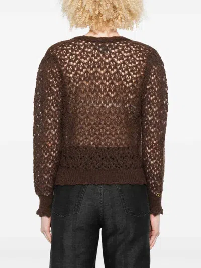 Twinset Wrap-style Open-knit Sweater With Scalloped Edges In Brown
