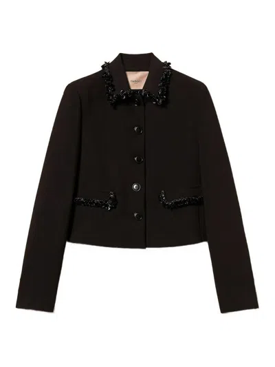 Twinset Cropped Tailored Jacket With Decorative Embellishments In Black
