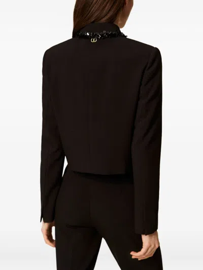 Twinset Cropped Tailored Jacket With Decorative Embellishments In Black