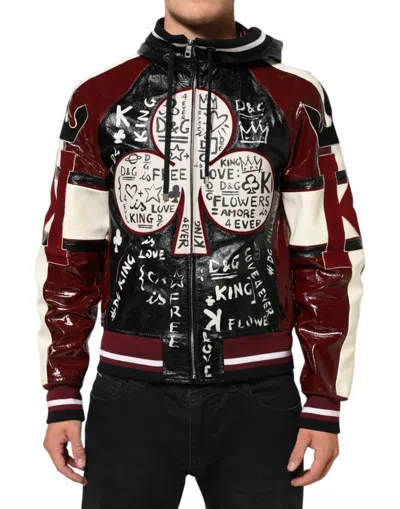 Dolce & Gabbana Multicolor Hooded Leather Dg King Men Biker Jacket In Multi