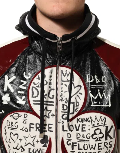 Dolce & Gabbana Multicolor Hooded Leather Dg King Men Biker Jacket In Multi