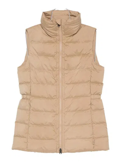 Woolrich Quilted Beige Jacket With High Stand Collar In Brown