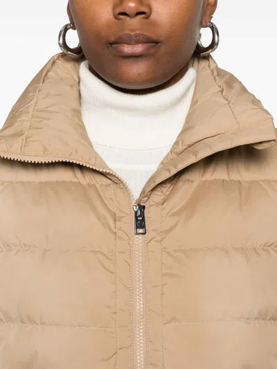 Woolrich Quilted Beige Jacket With High Stand Collar In Brown