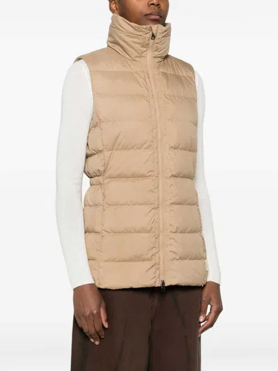 Woolrich Quilted Beige Jacket With High Stand Collar In Brown
