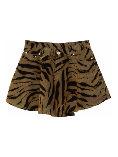 Ganni Printed Flock Denim Mini Skirt Khaki In Brown