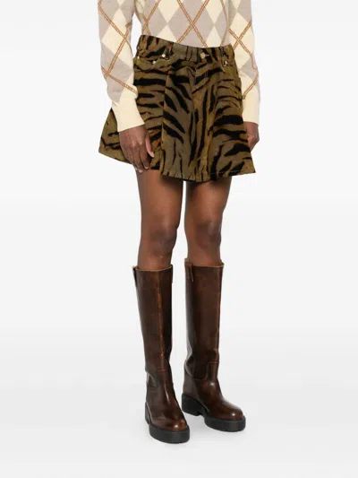 Ganni Printed Flock Denim Mini Skirt Khaki In Brown