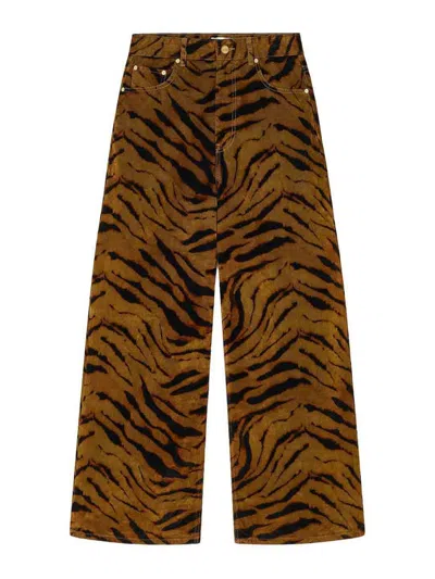 Ganni Zebra-print Cotton-blend Velveteen Wide-leg Pants In Brown
