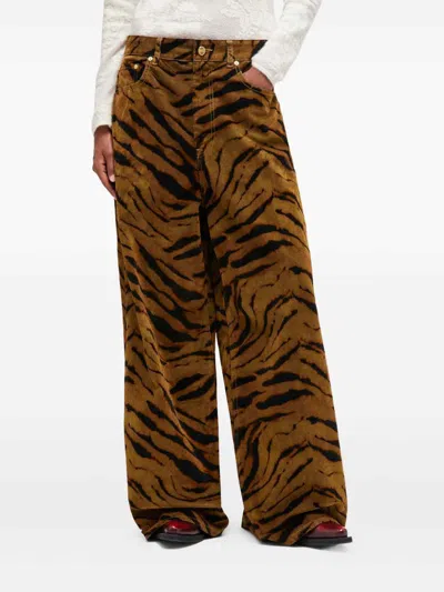 Ganni Zebra-print Cotton-blend Velveteen Wide-leg Pants In Brown