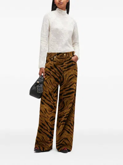 Ganni Zebra-print Cotton-blend Velveteen Wide-leg Pants In Brown