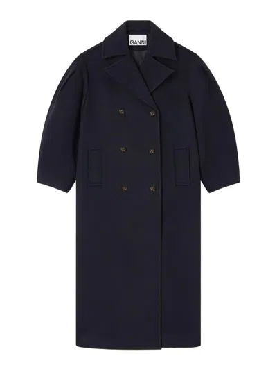 Ganni Balloon-sleeves Double-breasted Coat In Blue