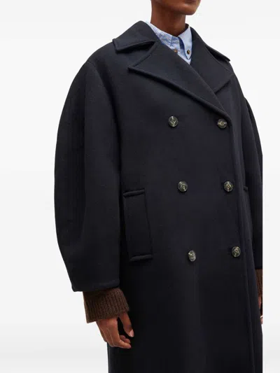 Ganni Balloon-sleeves Double-breasted Coat In Blue
