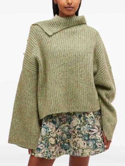 Ganni Sweater With Asymmetrical Neck  In Green