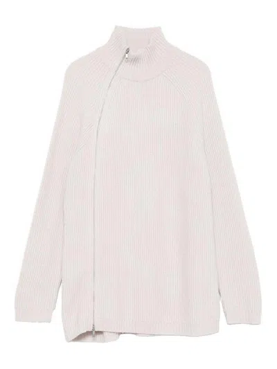 Alpha Studio High Neck Asymmetrical Zip Sweater In Neutral