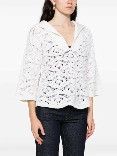 Tabaroni Cashmere Openwork White Knit Top With Scalloped Hem In White