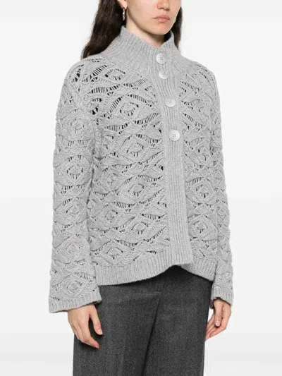 Tabaroni Cashmere Knitted Grey Cardigan With Textured Openwork Pattern In Gray