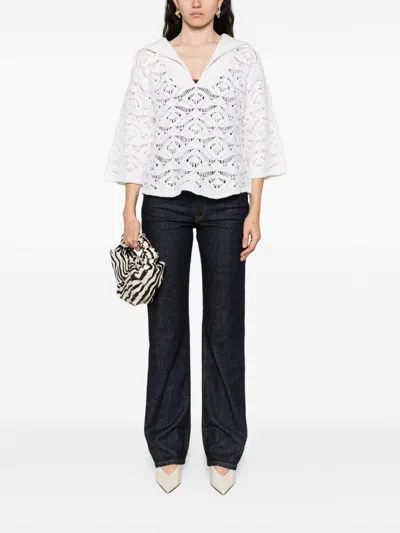 Tabaroni Cashmere Openwork White Knit Top With Scalloped Hem In White