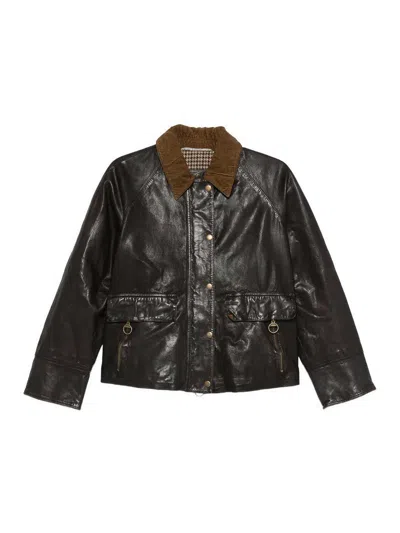 The Jack And Jackie Leathers Brown Leather Jacket With Textured Corduroy Collar In Brown