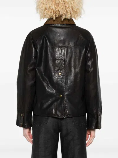 The Jack And Jackie Leathers Brown Leather Jacket With Textured Corduroy Collar In Brown