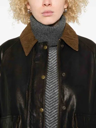 The Jack And Jackie Leathers Brown Leather Jacket With Textured Corduroy Collar In Brown