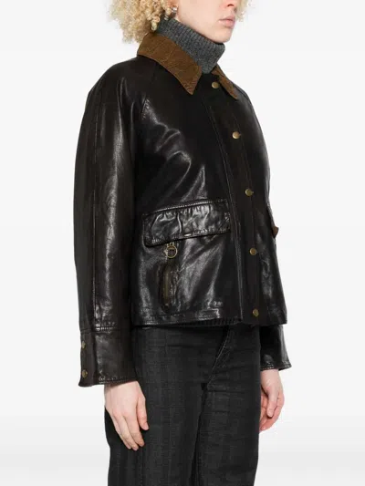 The Jack And Jackie Leathers Brown Leather Jacket With Textured Corduroy Collar In Brown