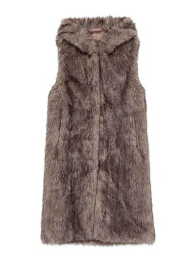 Betta Corradi Hooded Sleeveless Coat In Plush Faux Fur In Brown