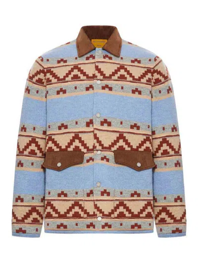 Guest In Residence Patterned Blue Jacket With Corduroy Collar In Blue