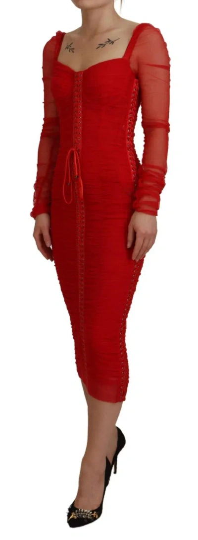 Pre-owned Dolce & Gabbana Red Mesh Trim Bodycon Sheath Midi Women's Dress ()