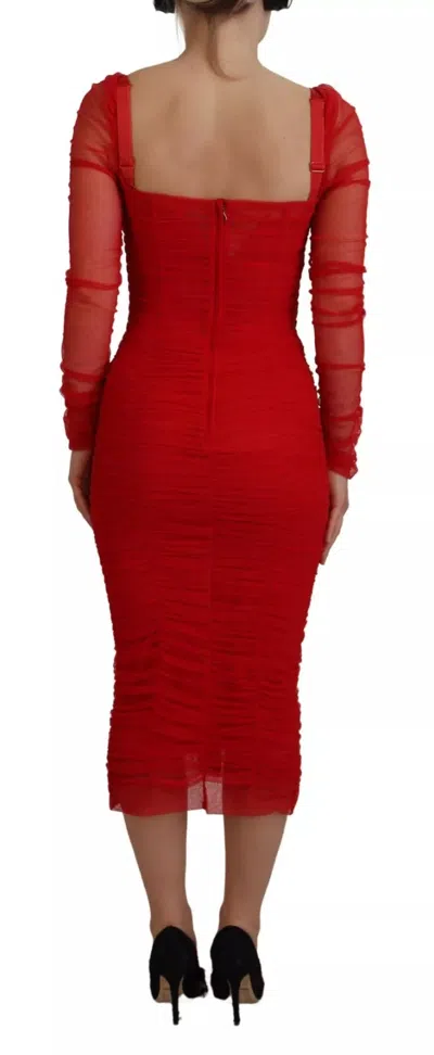 Pre-owned Dolce & Gabbana Red Mesh Trim Bodycon Sheath Midi Women's Dress ()