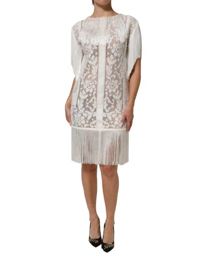 Dolce & Gabbana White Floral Lace Fringe Knee Length Dress In White